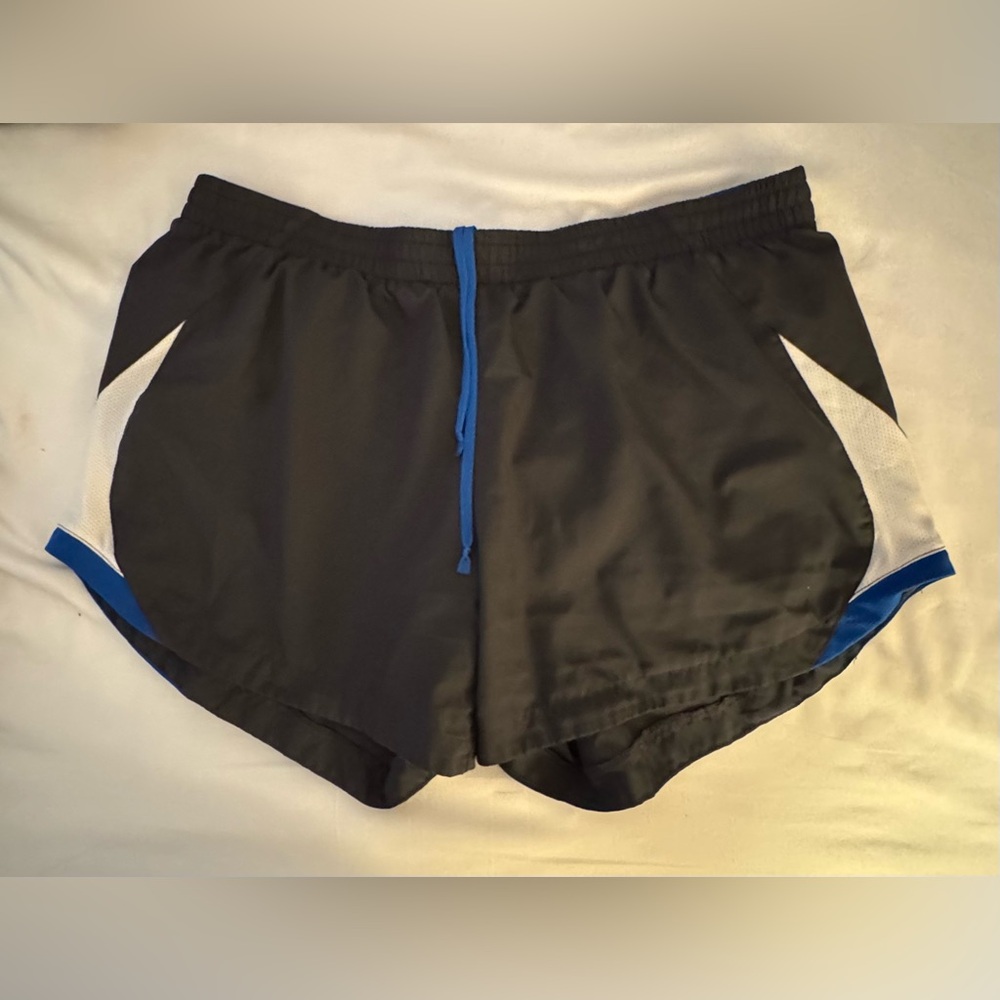Nike Performance Gray Running Shorts with Blue Accents Women's Large Drawstring